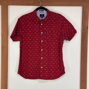 Ben Sherman Bicycle Print Shirt Mens Medium Red Short Sleeve Stretch Fit | Mod